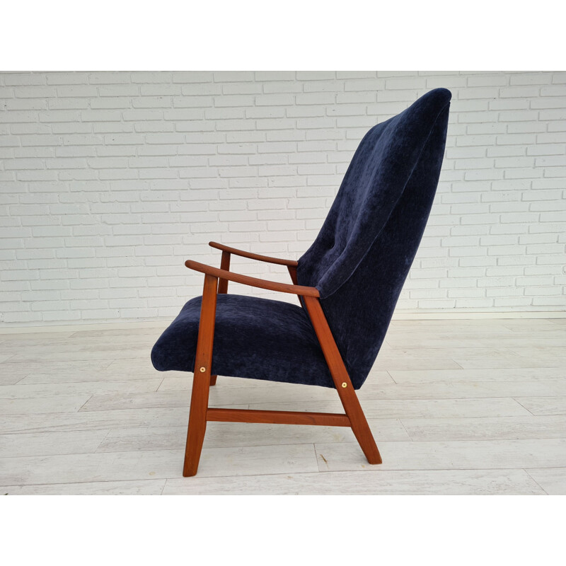 Vintage armchair  velour teak wood renovated Danish 1970