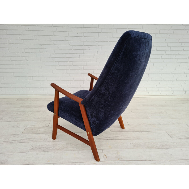 Vintage armchair  velour teak wood renovated Danish 1970