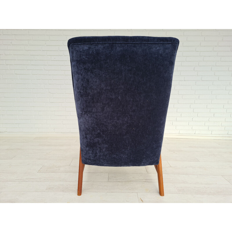 Vintage armchair  velour teak wood renovated Danish 1970