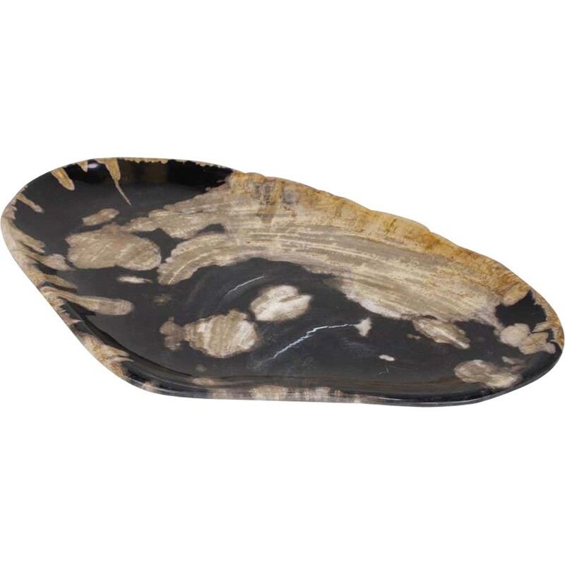 Vintage Black And Beige Oval Shaped Petrified Wooden Platter Or Plate Organic Origin