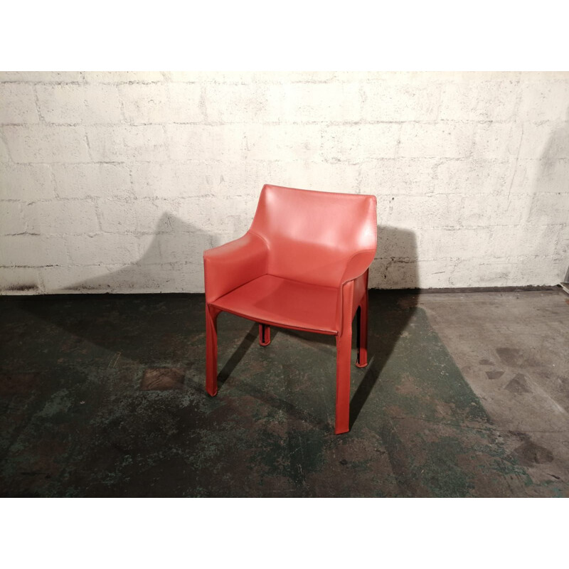 Vintage red leather armchair CAB 413 by Mario Bellini for Cassina