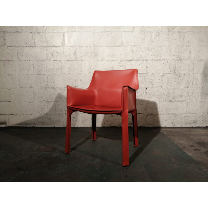 Vintage red leather armchair CAB 413 by Mario Bellini for Cassina