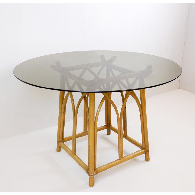 Table de Salle à Manger vintage Ronde en Bambou avec Plateau en Verre Fumé, 1970s