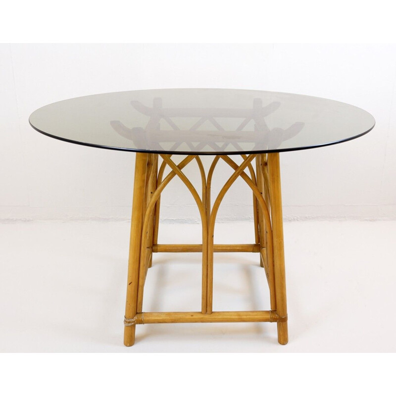 Vintage Round Bamboo Dining Room Table with Smoked Glass Top, 1970s