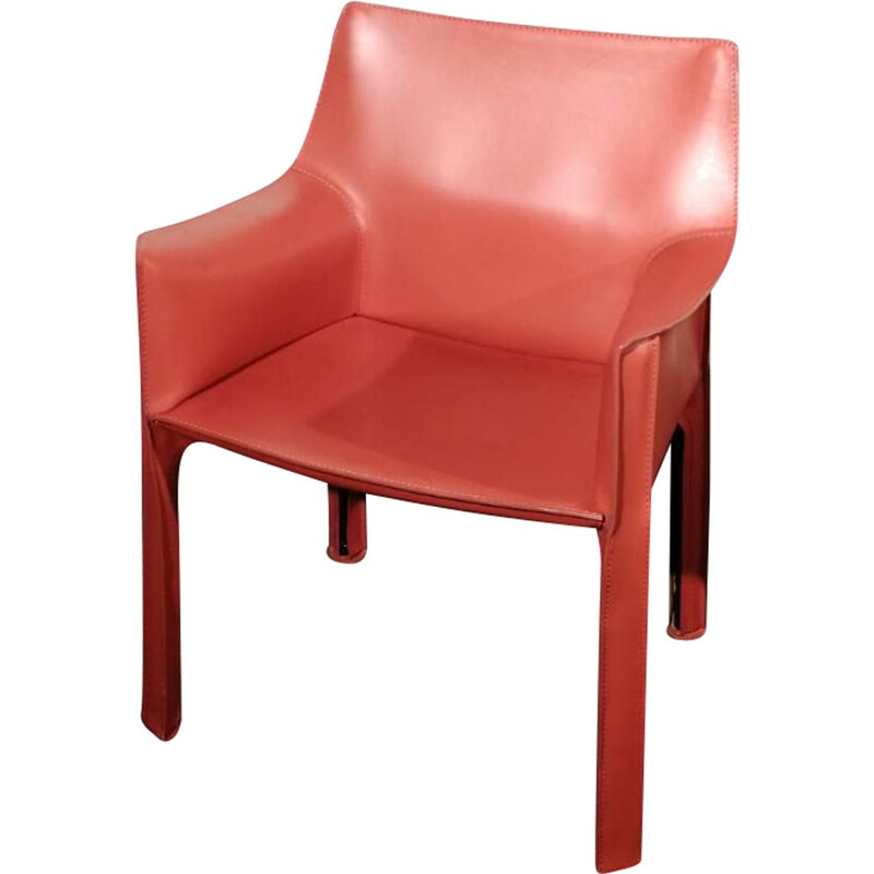 Vintage red leather armchair CAB 413 by Mario Bellini for Cassina