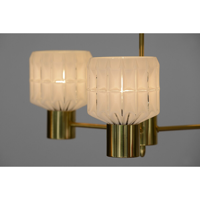 Vintage arm brass chandelier with glass shades Sweden 1960s