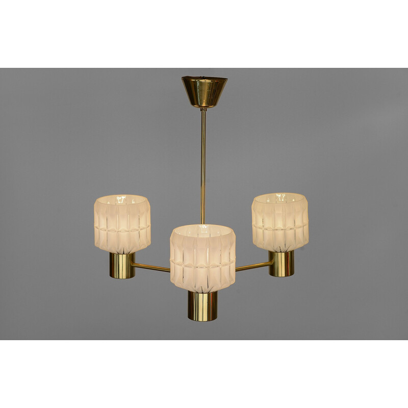 Vintage arm brass chandelier with glass shades Sweden 1960s