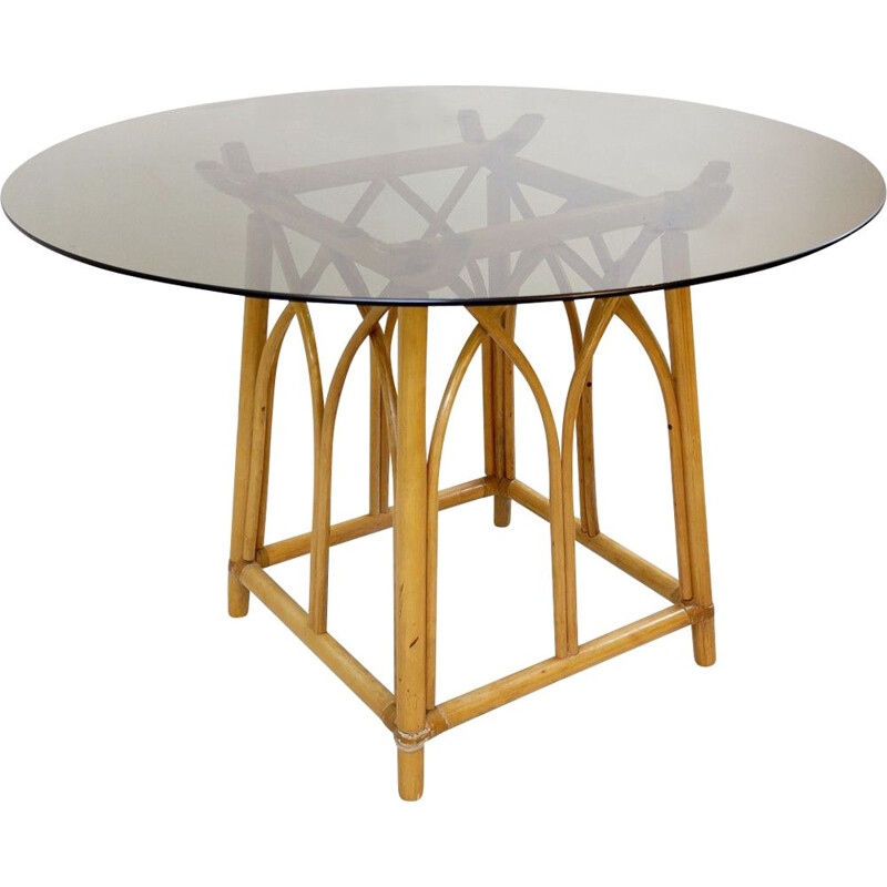 Vintage Round Bamboo Dining Room Table with Smoked Glass Top, 1970s