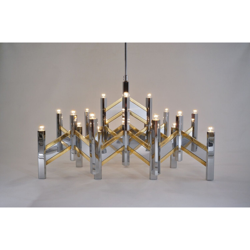 Vintage Sciolari chandelier 'Chevron' large 21 lights brass & chrome Italian 1970s