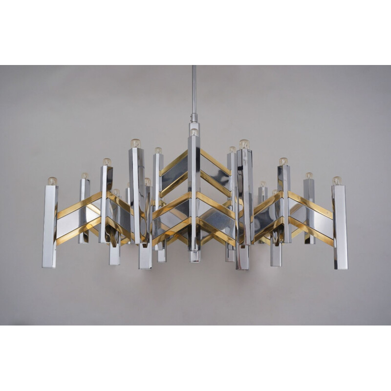 Vintage Sciolari chandelier 'Chevron' large 21 lights brass & chrome Italian 1970s