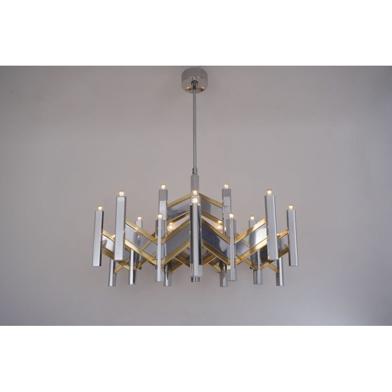 Vintage Sciolari chandelier 'Chevron' large 21 lights brass & chrome Italian 1970s