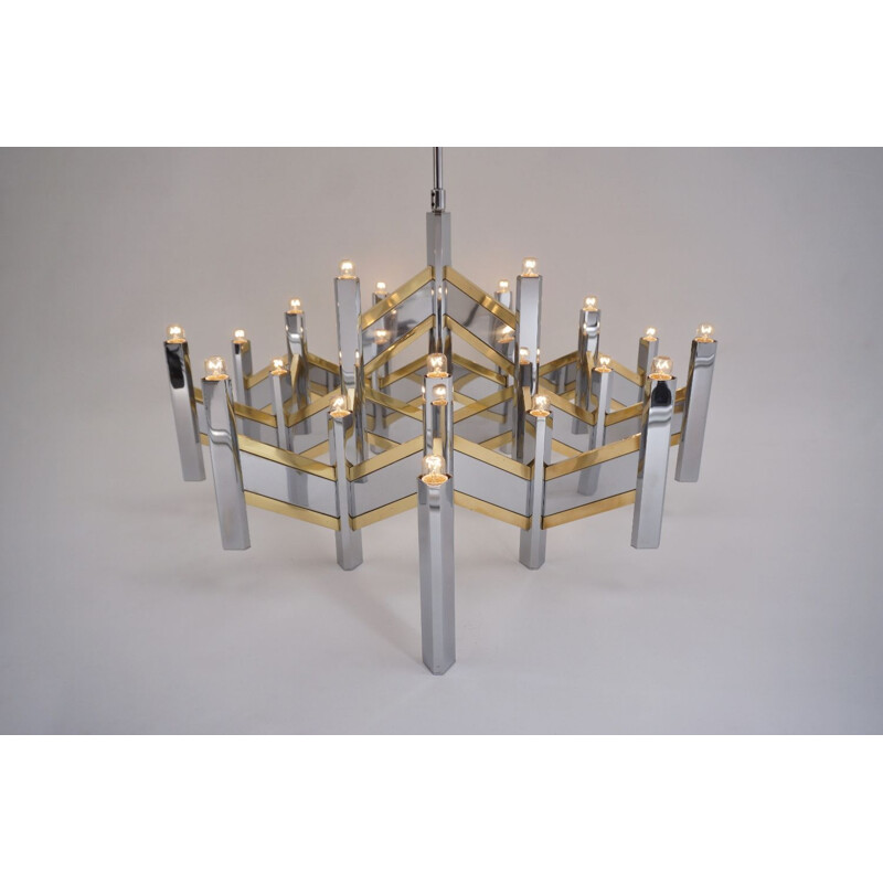 Vintage Sciolari chandelier 'Chevron' large 21 lights brass & chrome Italian 1970s