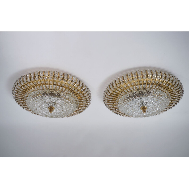 Pair of vintage ceiling lights in brass, glass and pearls, Lucite de Hillebrand, Germany 1960