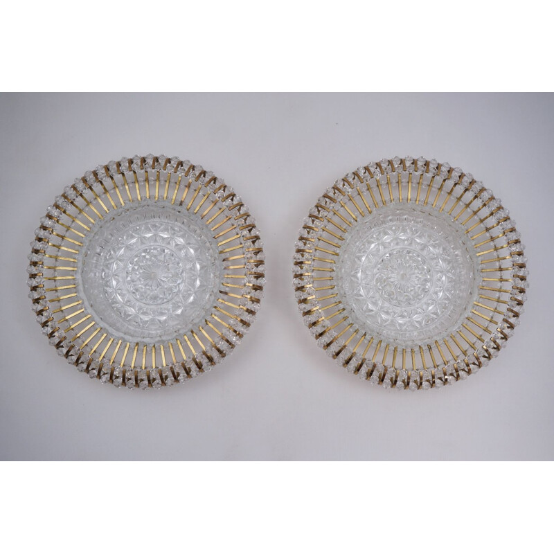 Pair of vintage ceiling lights in brass, glass and pearls, Lucite de Hillebrand, Germany 1960