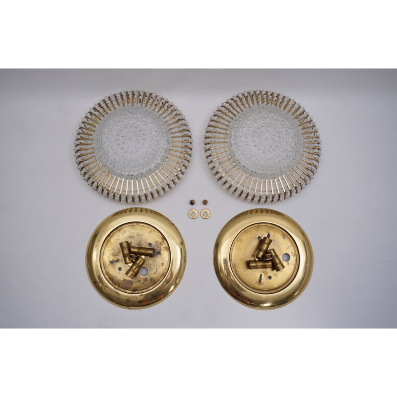 Pair of vintage ceiling lights in brass, glass and pearls, Lucite de Hillebrand, Germany 1960