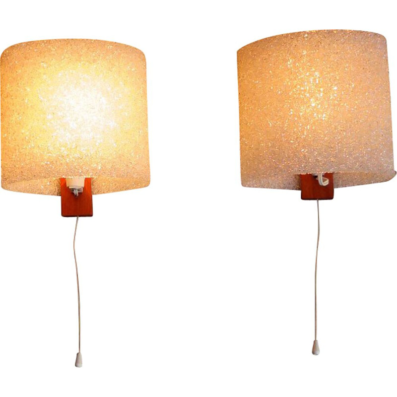 Pair of vintage wall lamps plastic and teak holder 1960