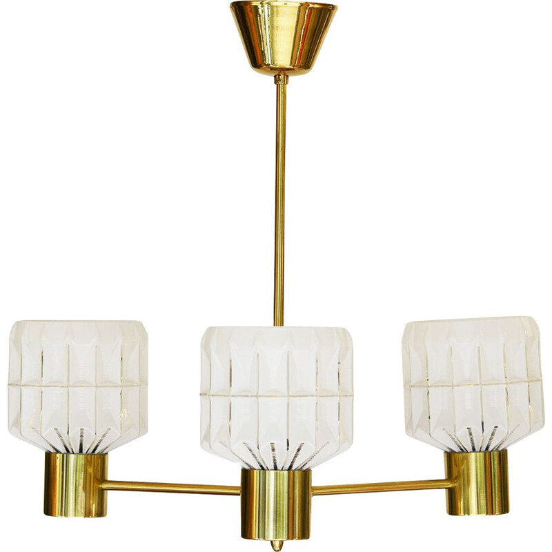 Vintage arm brass chandelier with glass shades Sweden 1960s