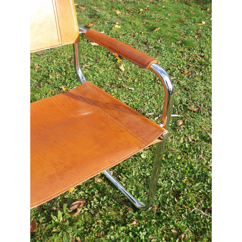 Pair of vintage armchairs in tawny leather and chrome by Mattéo Grassi 1970