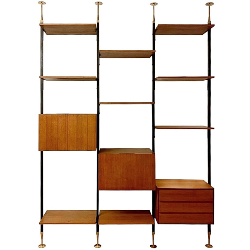 Vintage teak and brass wall unit, Italy 1950