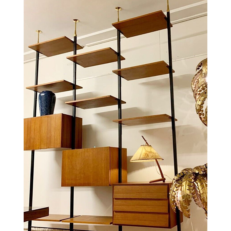 Vintage teak and brass wall unit, Italy 1950