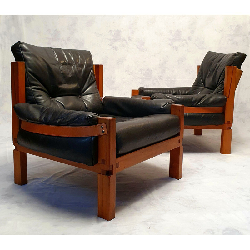 Pair of vintage S15 Brutalist armchairs in elm and leather by Pierre Chapo 1960