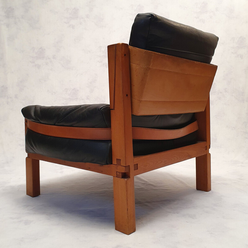 Pair of vintage S15 Brutalist armchairs in elm and leather by Pierre Chapo 1960