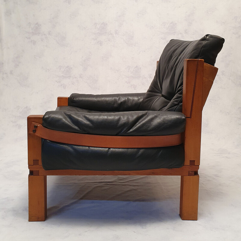 Paire de fauteuils vintage S15 Brutaliste en orme et cuir de Pierre Chapo 1960
