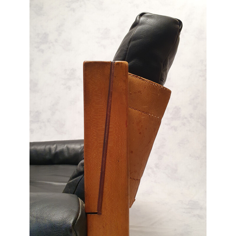 Paire de fauteuils vintage S15 Brutaliste en orme et cuir de Pierre Chapo 1960