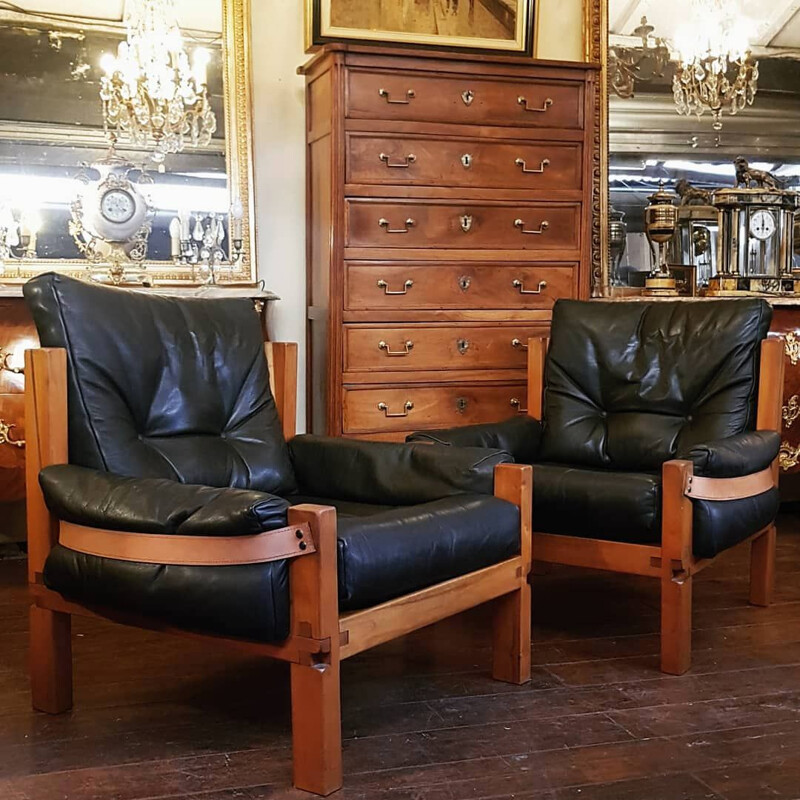 Pair of vintage S15 Brutalist armchairs in elm and leather by Pierre Chapo 1960