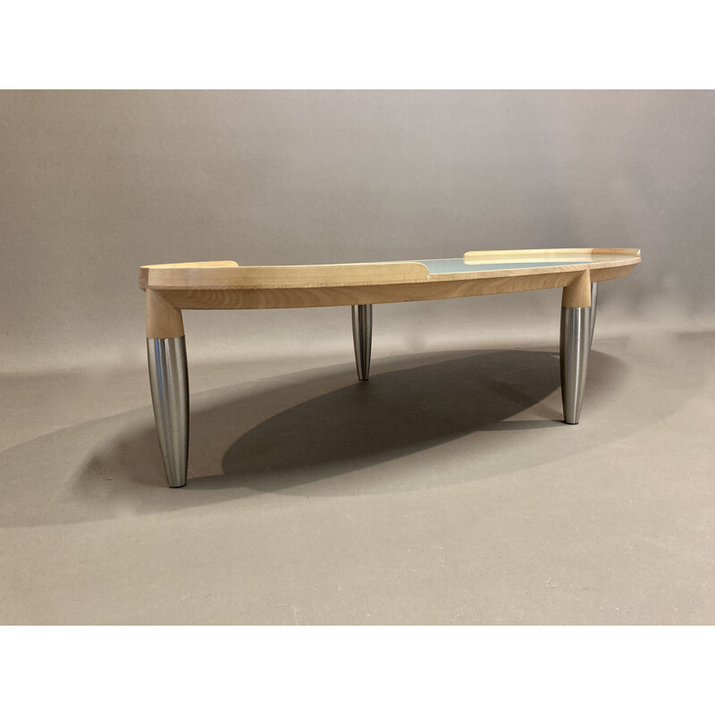 Vintage coffee table in beech, metal and glass, Scandinavia