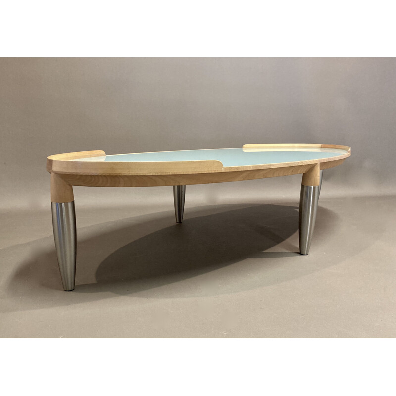 Vintage coffee table in beech, metal and glass, Scandinavia