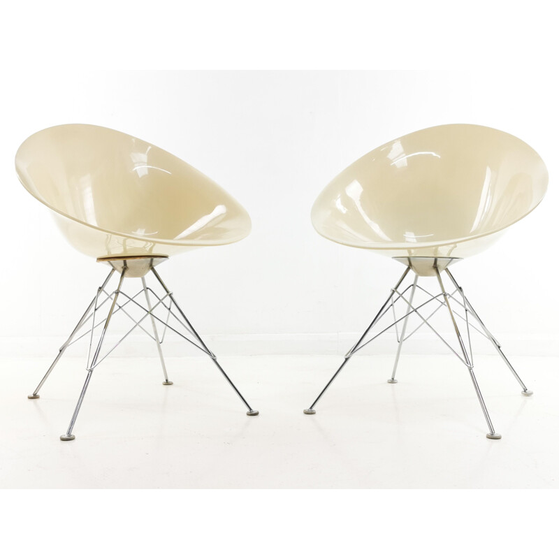 Fauteuils vintage Eros en lucite crème et fil chromé de Philippe Starck pour Kartell 1980