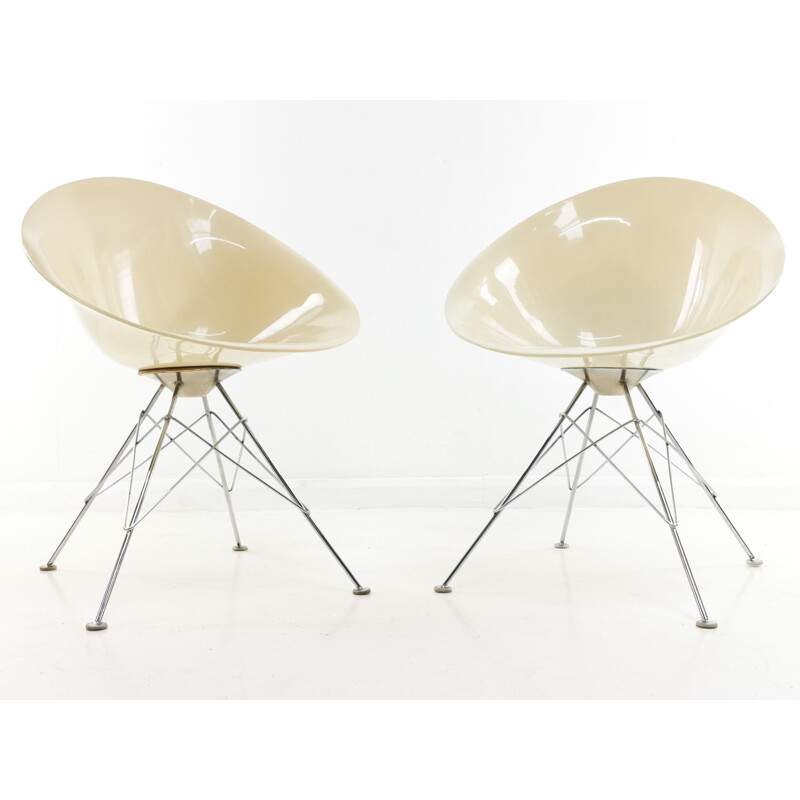 Vintage Eros armchairs in cream lucite and chromed thread by Philippe Starck for Kartell 1980