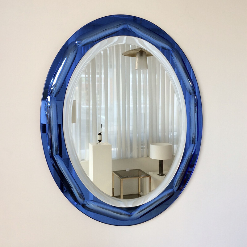 Grand miroir vintage ovale bleu par Antonio Lupi, Italie 1960