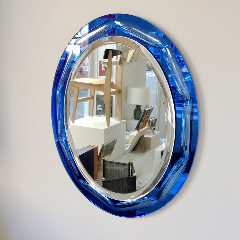 Vintage blue oval mirror by Antonio Lupi, Italy 1960