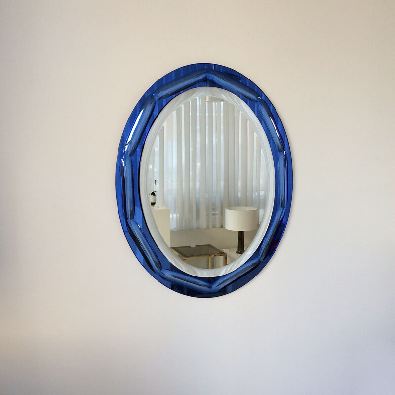 Vintage blue oval mirror by Antonio Lupi, Italy 1960