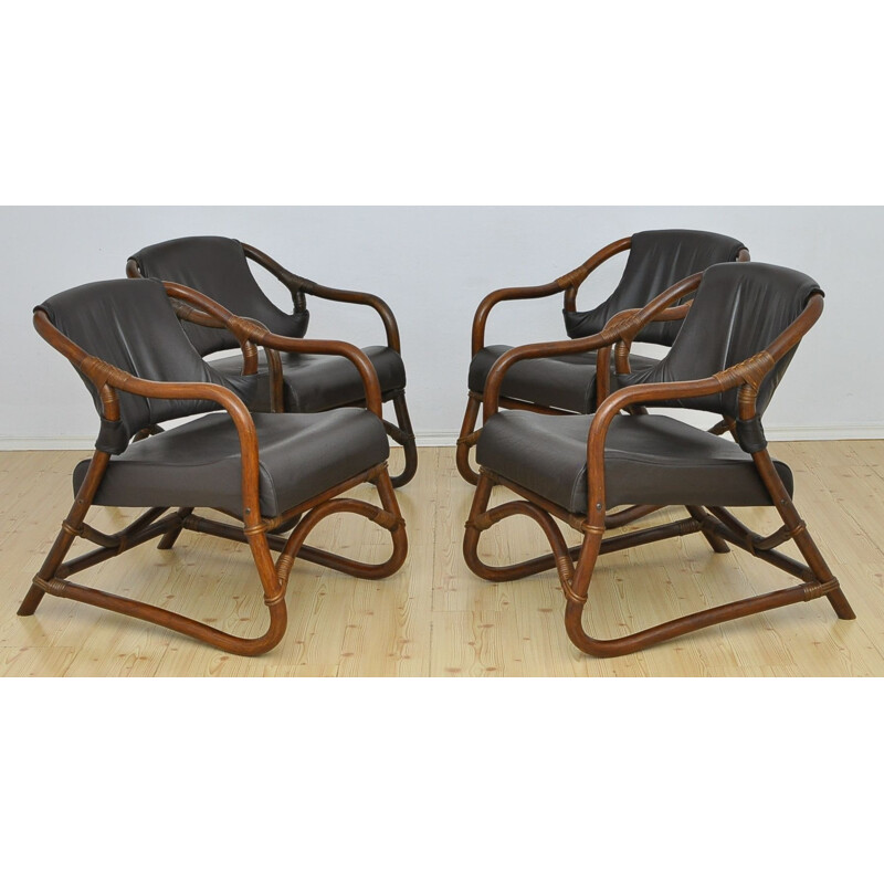 Juego de 4 sillones vintage de bambú con asiento de cuero 1970