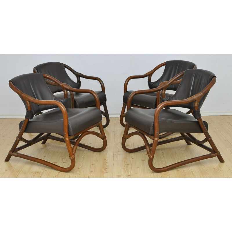 Set of 4 vintage bamboo armchairs with leather seat 1970