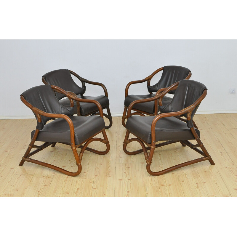 Set van 4 vintage bamboe fauteuils met lederen zitting 1970