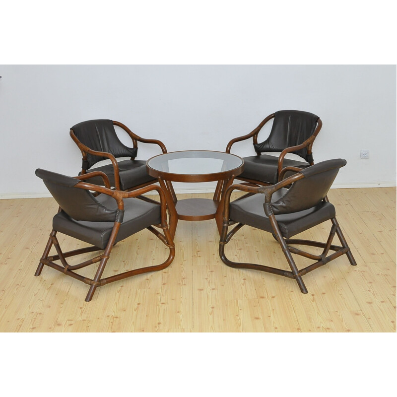 Set van 4 vintage bamboe fauteuils met lederen zitting 1970