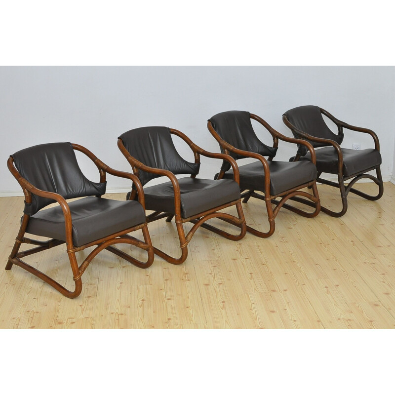 Set van 4 vintage bamboe fauteuils met lederen zitting 1970