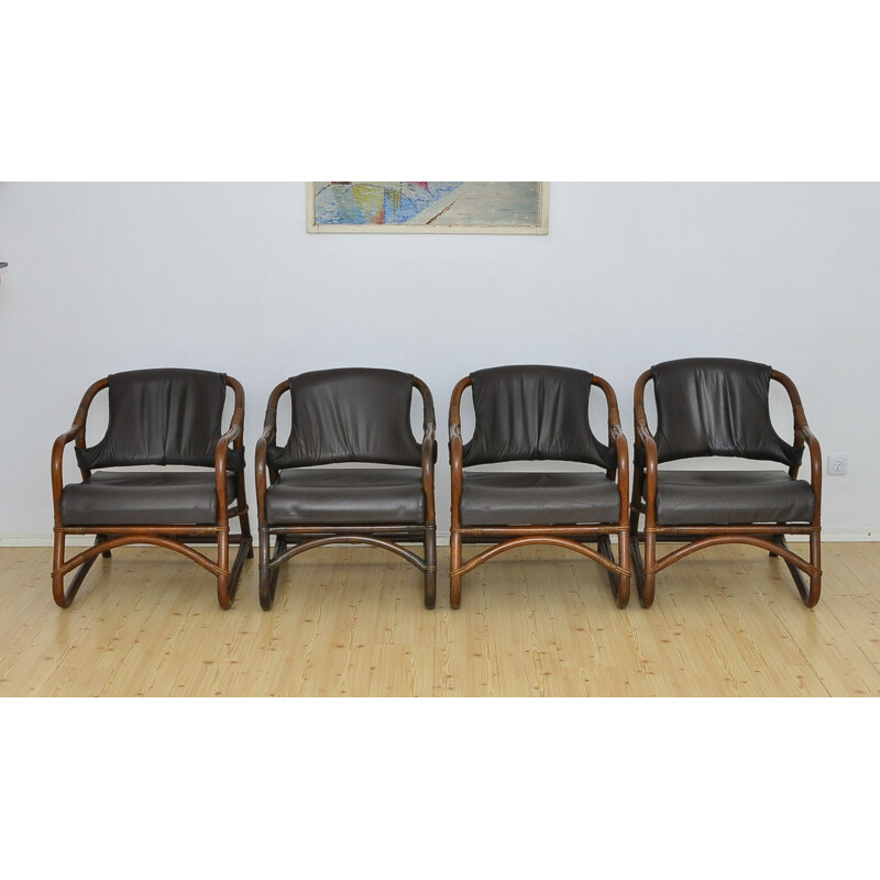 Juego de 4 sillones vintage de bambú con asiento de cuero 1970