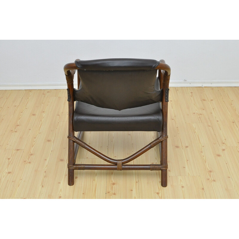 Lot de 4 fauteuils vintage en bambou avec assise en cuir 1970
