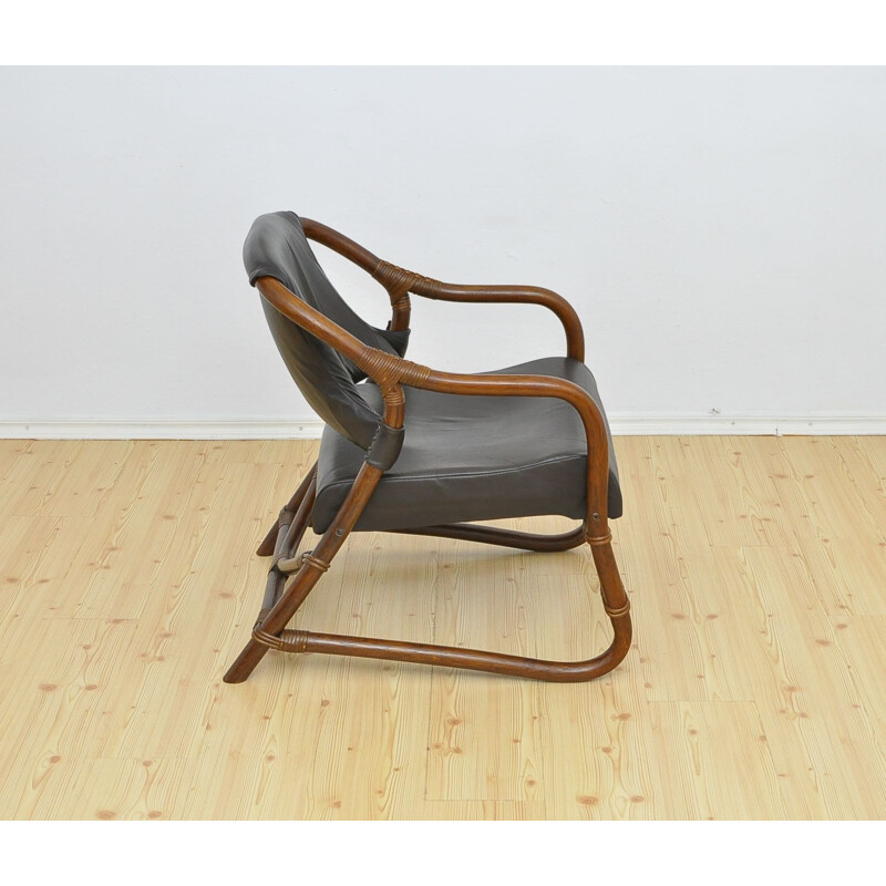 Lot de 4 fauteuils vintage en bambou avec assise en cuir 1970