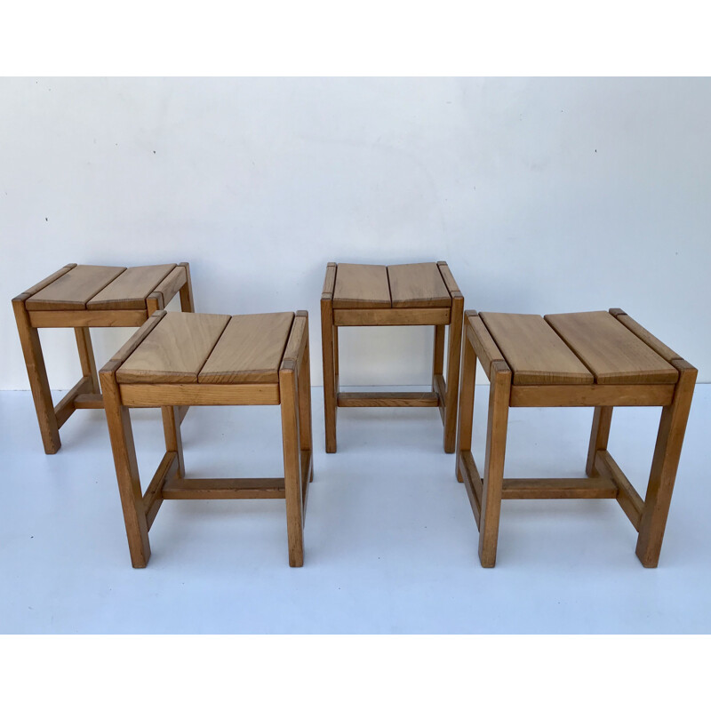 Set of 4 vintage solid elm stools, France 1970