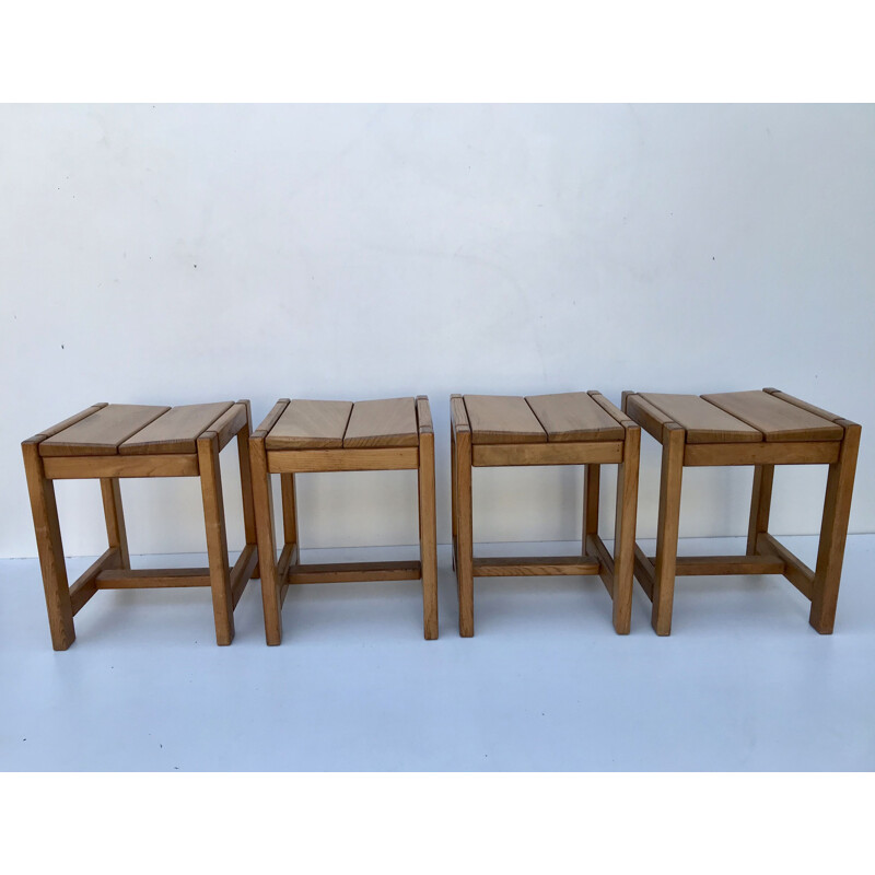 Set of 4 vintage solid elm stools, France 1970