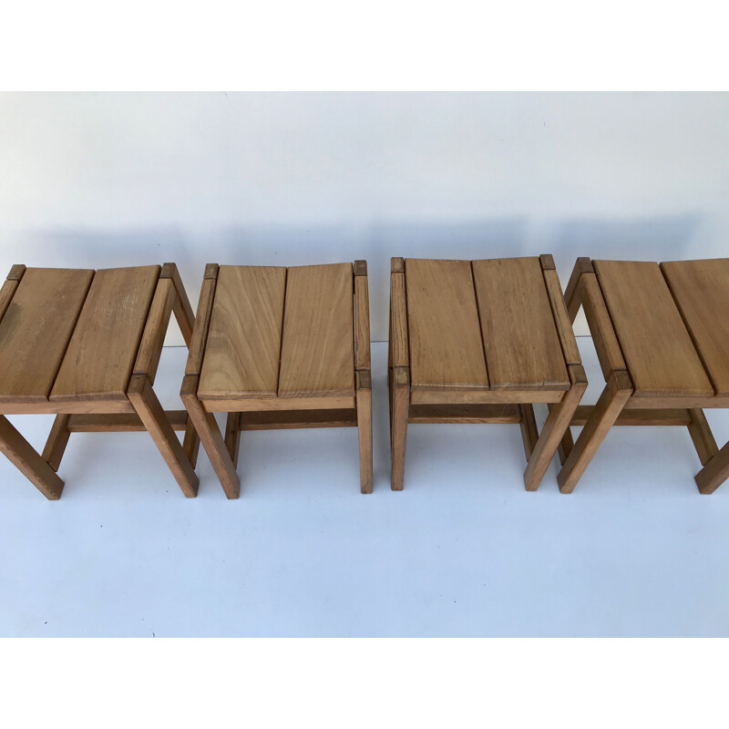 Set of 4 vintage solid elm stools, France 1970