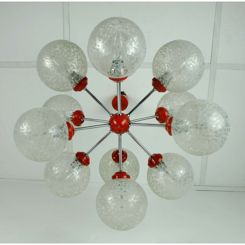 Vintage Sputnik chandelier in chrome, glass and red metal by Richard Essig 1960