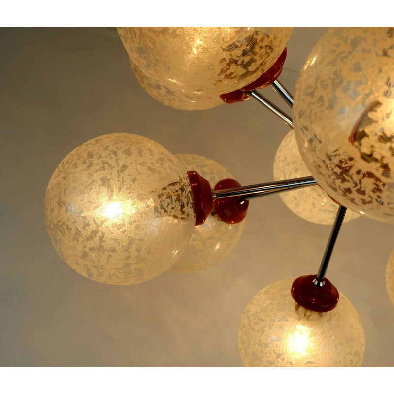 Vintage Sputnik chandelier in chrome, glass and red metal by Richard Essig 1960