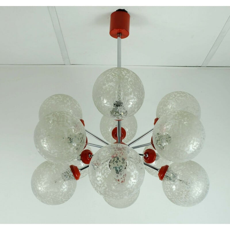 Vintage Sputnik chandelier in chrome, glass and red metal by Richard Essig 1960